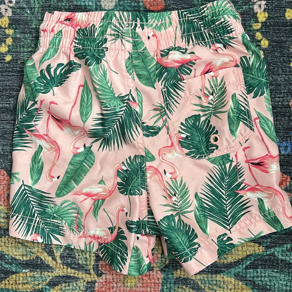 Old Navy Boys Pink Flamingo Palm Leaves Swim Trunks, Size XS (5)